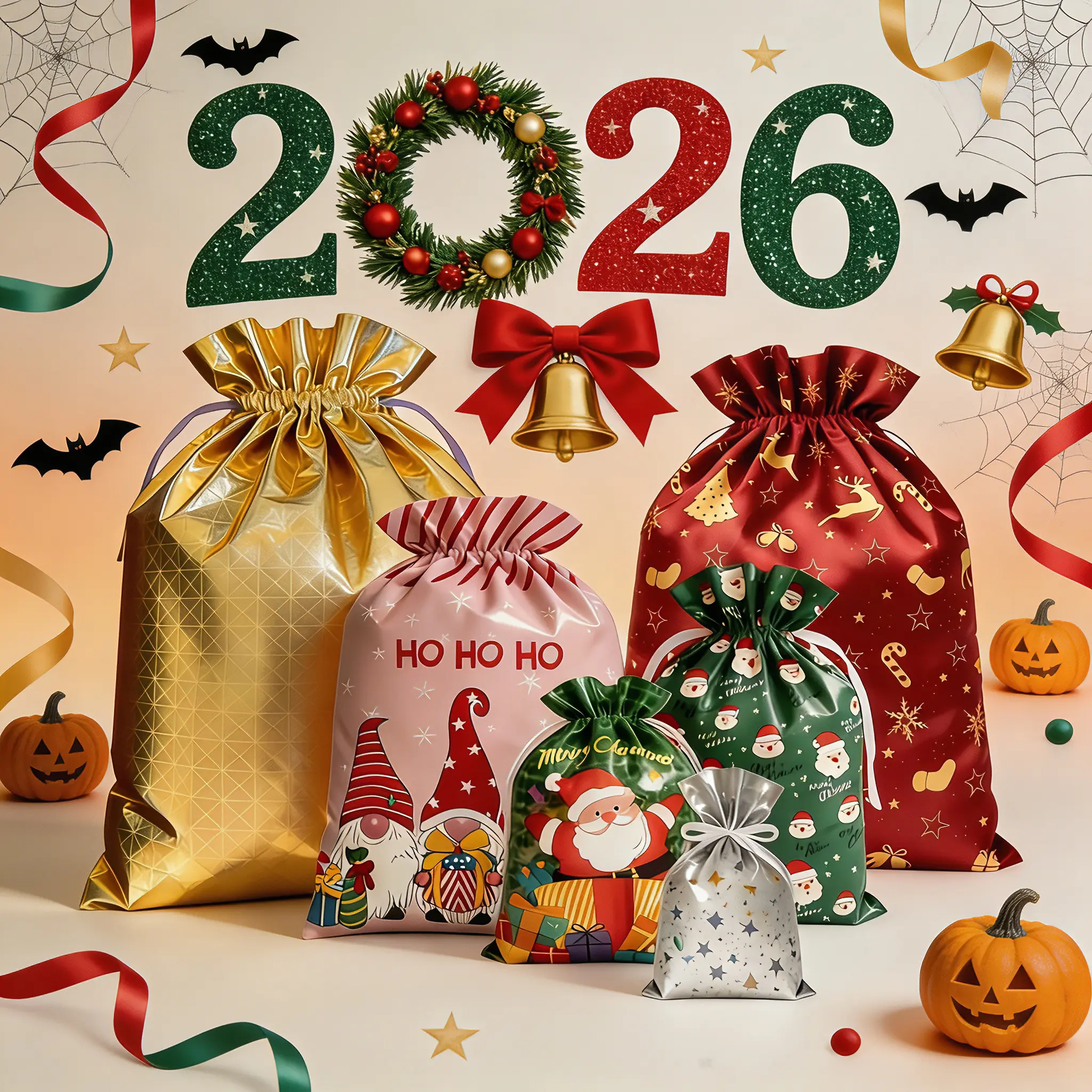 54PCS Christmas Gift Bags Set, Reusable Drawstring Gift Bags with Ribbon Ties, 6 Sizes & 18 Festive Designs, Santa, Reindeer & Snowman Patterns, Xmas Gift Wrapping Bags, Holiday Present Bags for Christmas Gifts, Party Favors, Treat Bags & Goodie Bags