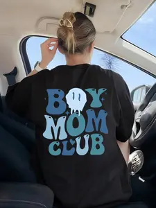 Women's Cartoon Face & Letter Print Drop Shoulder Tee, Casual Comfy Fashion Graphic Half Sleeve Round Neck T-shirt for Daily Wear, Women's Top for All Seasons, Womenswear Fit