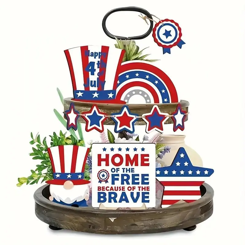 Independence Day Wooden Decorations, 11pcs/set Patriotic Home Decor Ornaments without Tray, Home Decor Supplies for Living Room & Garden, Wooden Gnome Decorations, Decorative Centerpiece