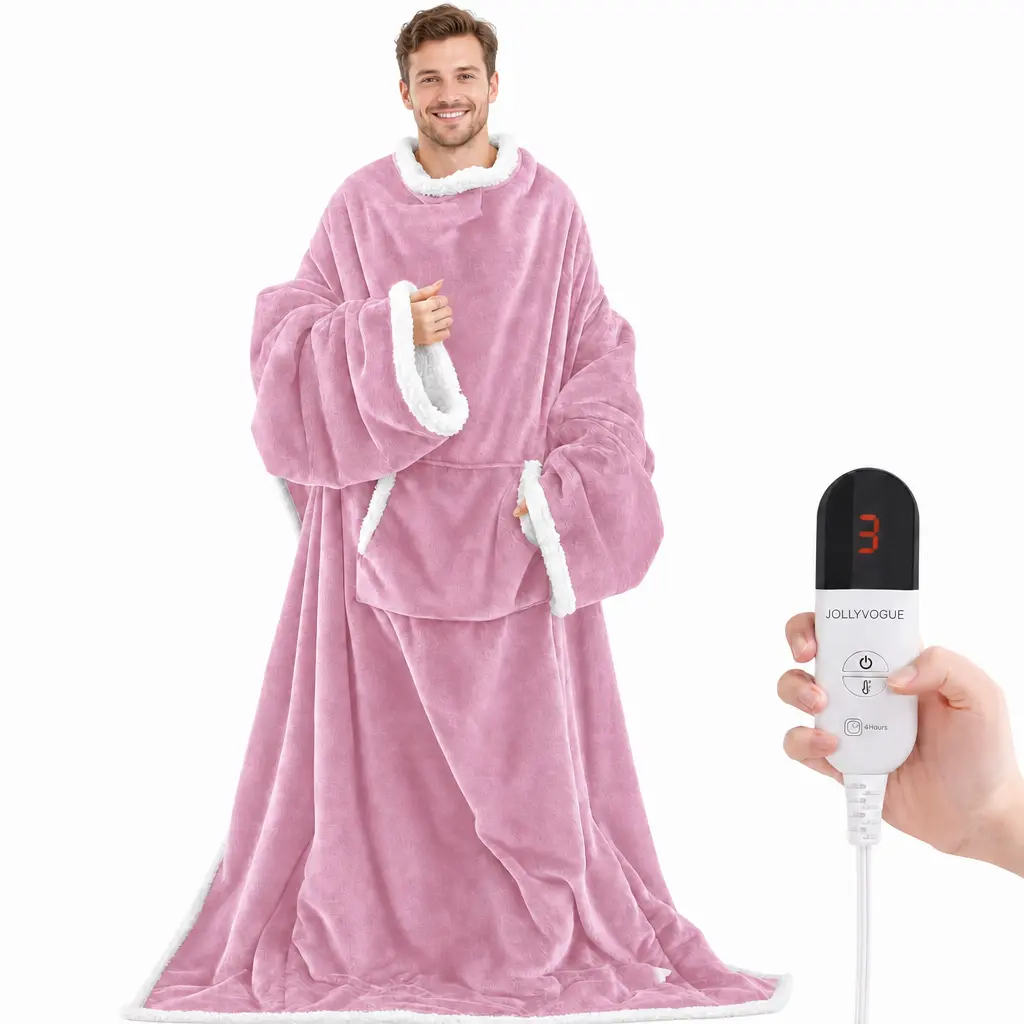 JOLLYVOGUE Wearable Heated Blanket,Pink - Heating Electric Blanket with Sleeves & Foot Pocket, Heated Throw for Adult, Birthday Gifts with 7 Heat Settings & Fixed 4h Auto Shut-Off (50 * 70 Inch)