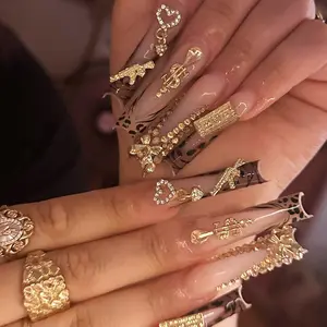 24 Long Square Nails, Leopard Wave Edge, Accessories, Rhinestone Heart & Bead Chain, Y2K Glossy Fake Nails, Reusable, Party Ready