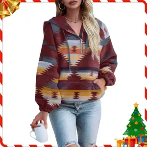 Imily Bela Womens Christmas Aztec Half Zip Up Hoodies Sweatshirt Casual Long Sleeve Oversized Ethnic Tribal Hooded Pullover Shirt Top