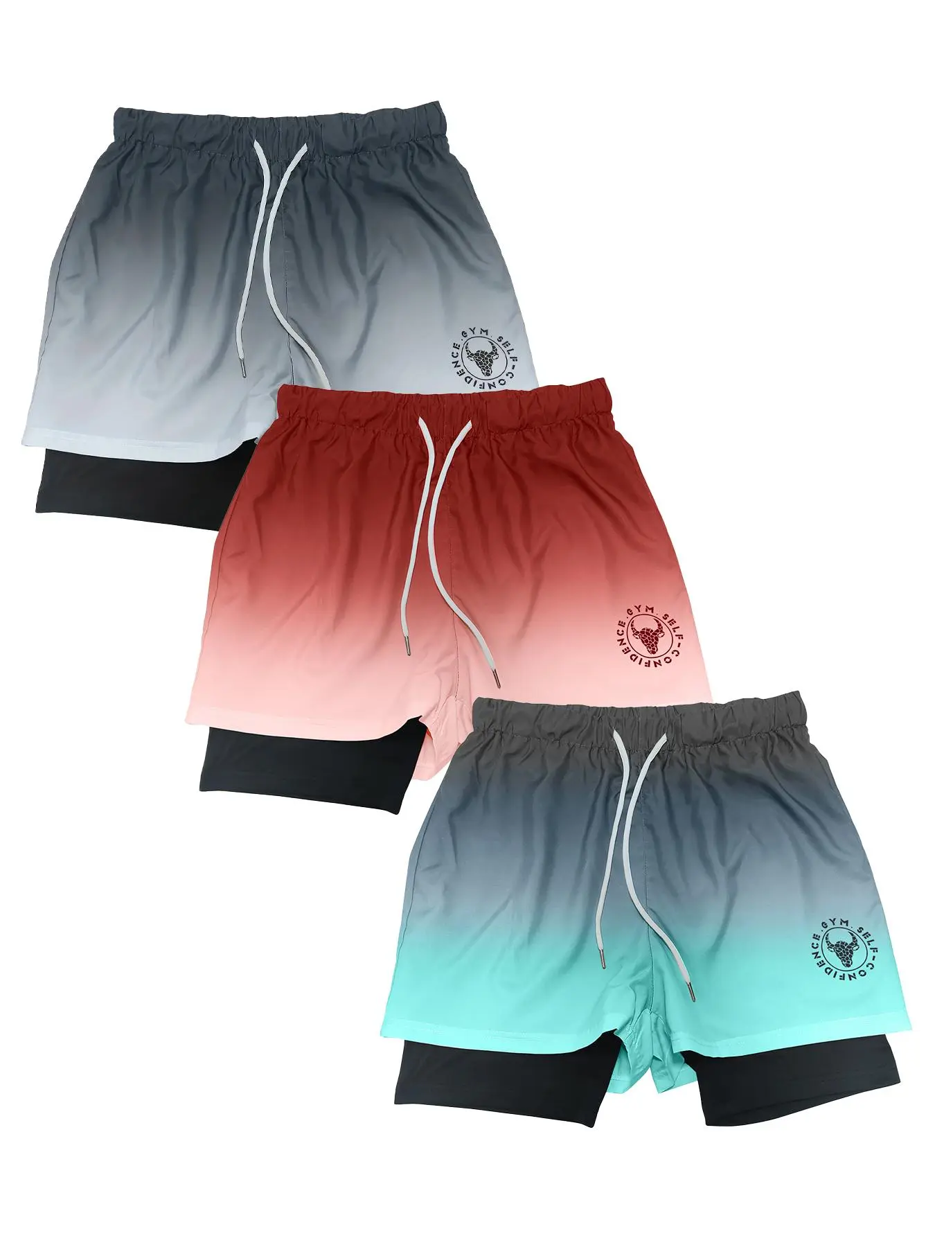Men's 2-In-1 Ombre & Letter Print Drawstring Waist Shorts, Casual Soft Comfy Regular-Fit Straight Leg Shorts, Summer Streetwear, Athleisure Shorts, Drawstring Athletic Shorts, Sports Shorts for Daily Outdoor Wear, Men's Bottoms