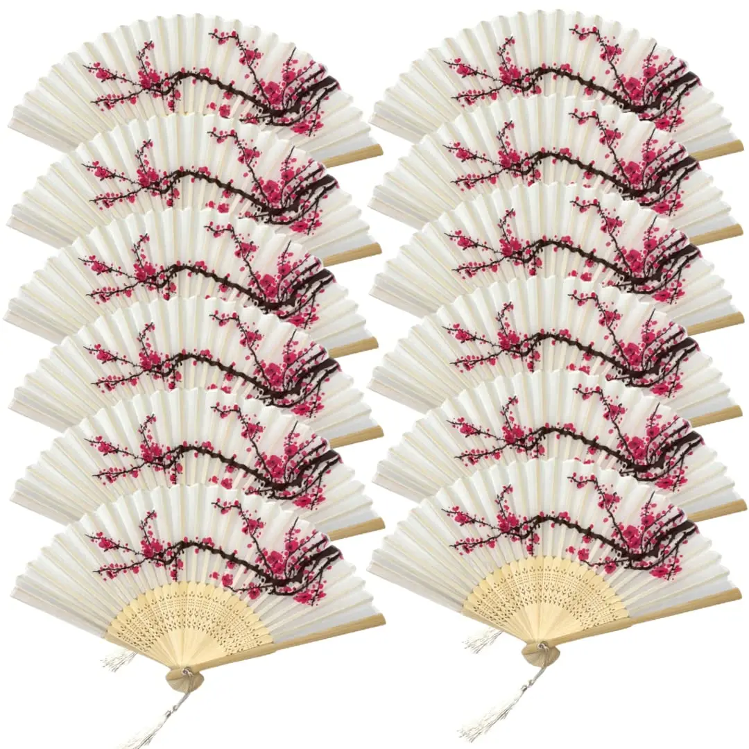 Thy Home 12-Pack Bulk Bamboo & Paper Foldable Hand Fans - Lightweight, Portable, Chinese-Inspired Floral Cherry Print Home Decor Accessories, Tropical Outdoor Cooling Fan Gear for Weddings