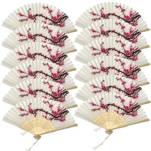 Pack of 12 Handheld Paper and Bamboo Folding Fans for Wedding Party, Church, Festivals, Home - Cherry Blossoms