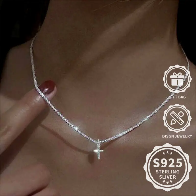 Elegant 925 Sterling Silver Women's Pendant Necklace with Cross, Hypoallergenic, Perfect Gift for Daily Wear, Vacation and Holiday