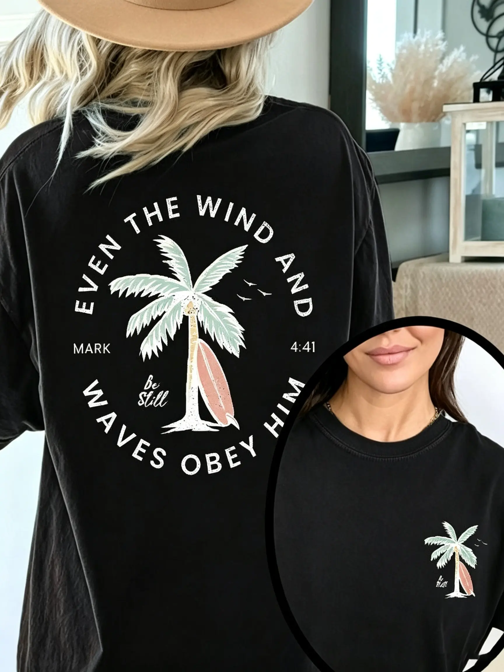 Christian Bible Verse Pattern T Shirt, Beachy Backprint Tops, Trendy Coconut Tree Shirt Unisex Tee