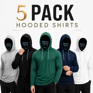 Men’s Quick-Dry Hooded Long-Sleeve Sun Protective Shirts with Face Cover, 5-Pack Sports Outerwear for Outdoor Fishing, Running (Black, Green, Navy, Gray, White for Weekly Rotation)