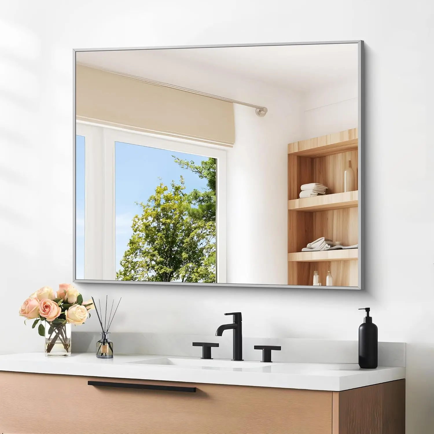 DESBING 30" x 30"Bathroom Mirror, Silver Rectangle Corner Wall Mirror with Metal Frame, Decorative Rectangular Vanity Mirror for Bedroom Bathroom Living Room Entryway (Horizontal/Vertical)
