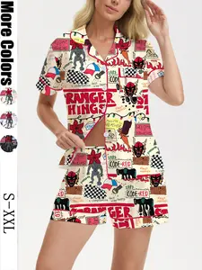 Women's Sleepwear Set, Stranger Things Theme Printed, Short Sleeve Button-Down Top and Elastic Shorts, Casual Home Wear