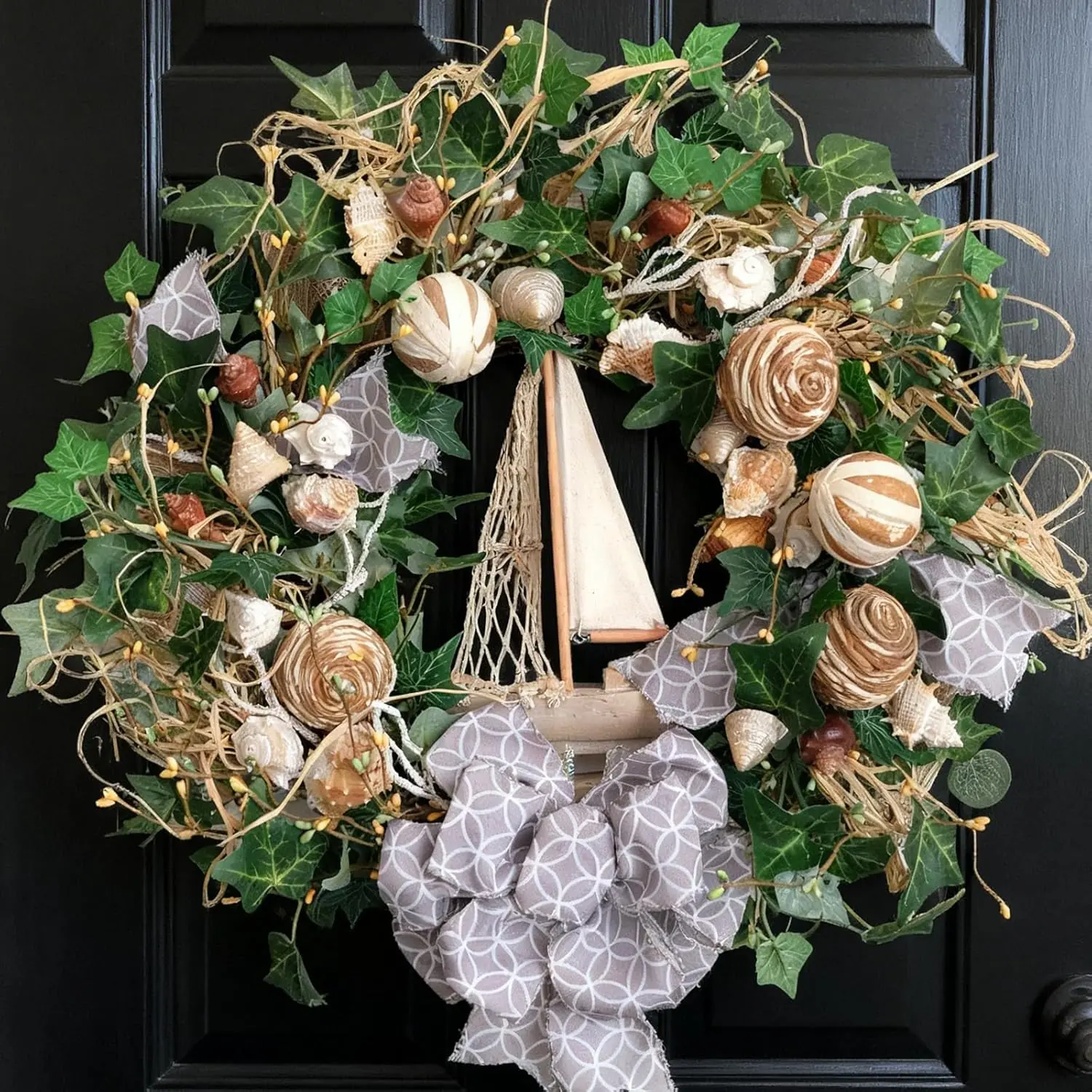 22 Inch Spring Summer Coastal Seashell Wreath for Front Door, All Seasons Seashell Wreath with Greenery and Wood Ship Wheel for Indoor Outdoor Decor