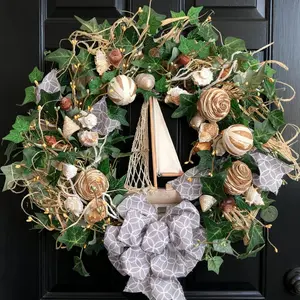 22 Inch Spring Summer Coastal Seashell Wreath for Front Door, All Seasons Seashell Wreath with Greenery and Wood Ship Wheel for Indoor Outdoor Decor