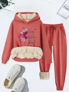 Women's Fashion Hoodie Set, Butterfly & Flower Letter Print, Casual Loose-Fitting Pants, Fall Winter, 2 Piece Set