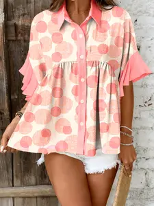 Summer Cute Casual Double-Layer Polka Dot Print Ruffle Trim Short Sleeve Doll Shirt Blouse, Adorable Summer Fashion for Girls, Trendy Babydoll Top