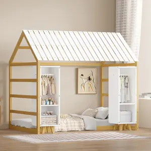 Wooden Twin Size House Bed with Fence and Roof, Kids Floor Bed with Two Movable Wardrobes, Natural