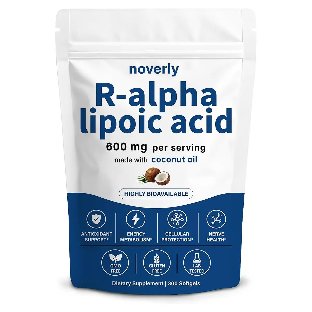 R-Alpha Lipoic Acid 600mg Softgels with Coconut Oil, 300 Count, Non-GMO Gluten-Free ALA Antioxidant Supplement for Cellular Energy & Metabolism Support