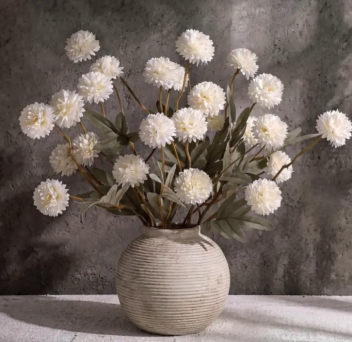 10-Pc Floral Decorative Pom-Pom Silk Mum Artificial Flower Bouquets, Ultra Realistic Faux Beige & White Blooms, Aesthetic Home Decor Items for Indoor Centerpiece, Coffee Table (Vase Not Included)