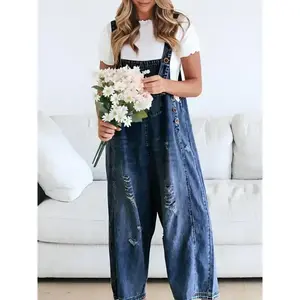 [Distressed Denim Overalls] Loose Fit Overalls - Women's Casual Adjustable Strap Distressed Bib Jeans Jumpsuits With Pocket