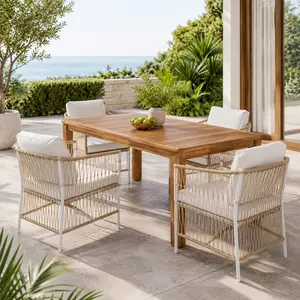 Super Patio Dining Set Outdoor Dining Table Set Patio Table and Chairs 5 Piece Wooden Dining Set with 67 Inch Rectangular Table and 4 Rattan Arm Chairs, Natural Patio Furniture for Poolside Backyard Garden Deck
