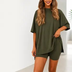 Women's Plus Size 2-Piece Loungewear Set - T-Shirt and Biker Shorts Matching Sportswear Set for Casual Lounging