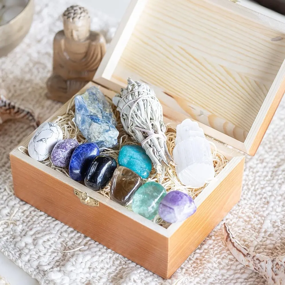 CRYSTALYA Calming Large Sleep Crystals and Healing Stones in Wooden Gift Box + 50pg EBOOK, Stress and Anxiety Relief - Amethyst, Lepidolite, Fluorite, Smoky Quartz, Selenite, Sage, and Info Guide
