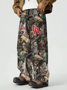 1pc Men's Real Tree Camo Camouflage Track Pants LA Letter Graphic Print Dropped Crotch Wide Leg Loose Fit Baggy Streetwear Trousers For Daily Outfits