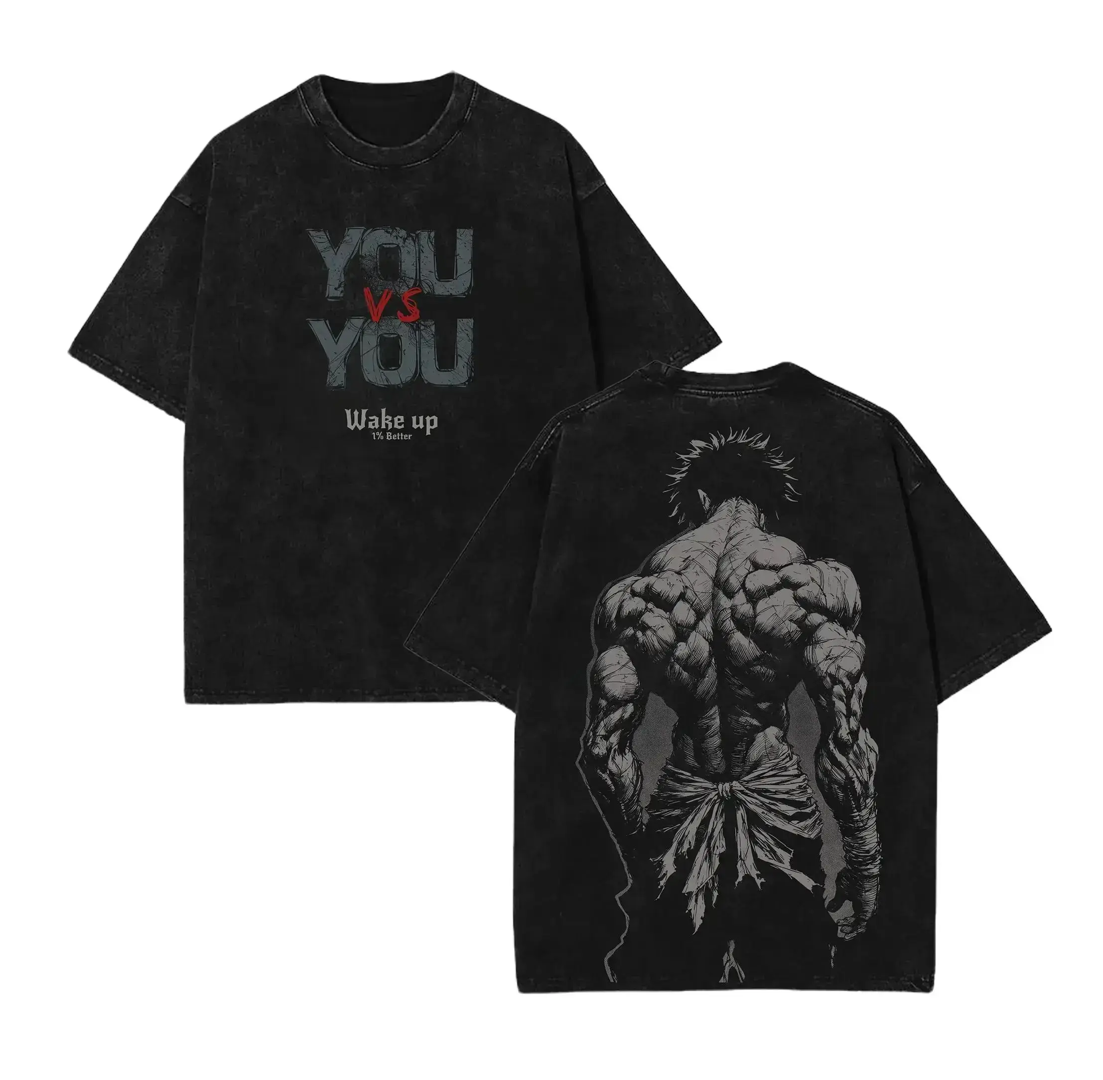 Men's Baki Hanma Anime Print T-Shirt - Heavyweight Cotton Round Neck Shortsleeve Apparel, Casual Vintage Washed Streetwear Top with Double-Sided Graphics, Prints, Menswear, Mens Clothing, Men's Graphic Tees, 100% Cotton, T-Shirt Top, Unisex, M, Graphic Pr