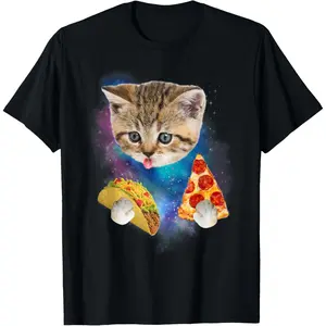 Casual Cotton shortsleeve tees Funny Galaxy Taco Cat | Space Cat Eat Pizza and Taco T-Shirt