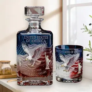 Usa 250th Anniversary Commemorative Whiskey Decanter & Glass Set, Patriotic Home Bar Gift, Us Flag Bald Eagle Statue of Liberty Artwork