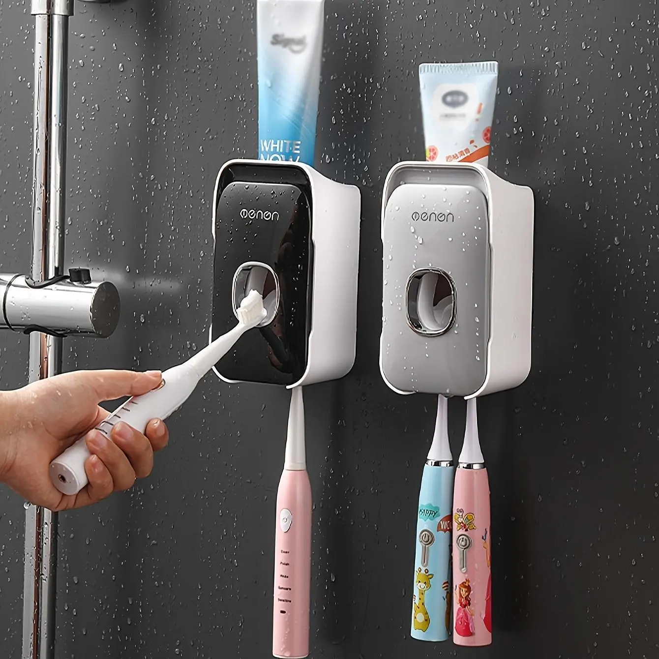 Premium Plastic Wall-Mounted Auto Dispensing Toothpaste Dispenser & Toothbrush Holder Set, 1pc Bathroom Home Supply Accessory (auto dispensing, dispenser, mount, premium plastic, set toothbrush holders), Auto Dispensing Toothbrush Holders