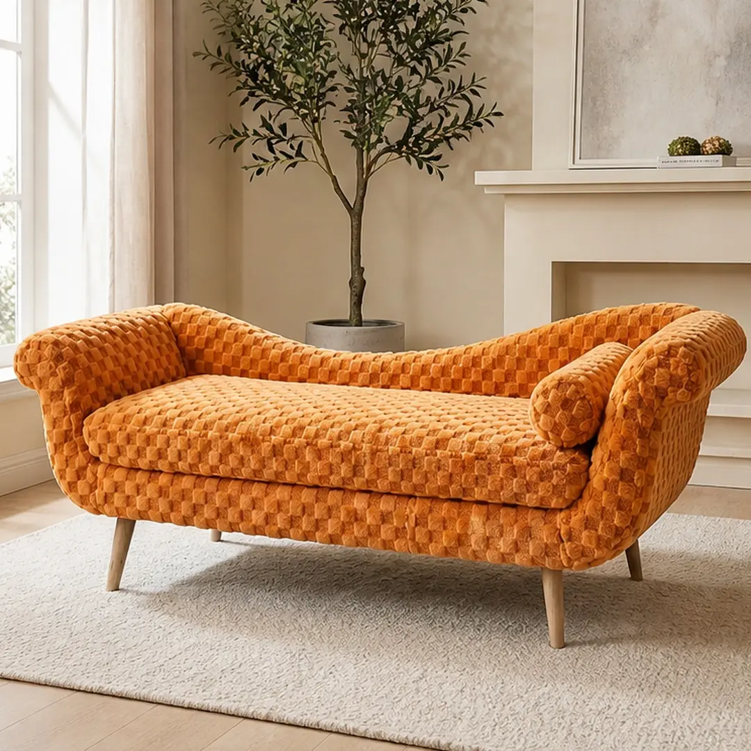 ARCH Classic Checkered Stand-Alone Fabric Armchair - Scroll Arms, High-Density Foam Seat, Angled Tapered Birch Legs, Sled Base, Polyester Upholstery, Living Room & Bedroom Use, Orange/Sand/Smoke Grey Options, Checkered Armchairs, Stand-Alone Armchairs