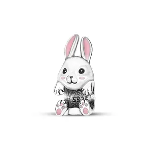 MULA Bunny Shape Beaded Pendant - Silver-Plated, Pink Enamel Ears, Pink Enamel Paws, Spring Costume Jewelry Charm for Animal Lovers, Women's Casual Easter Bracelet & Necklace Accessory