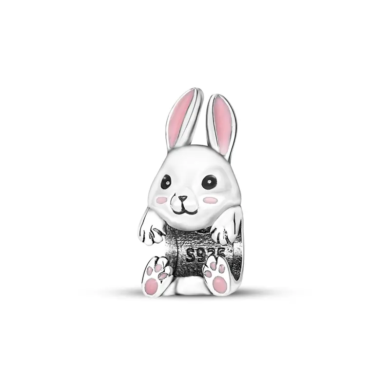 MULA S925 Silver-Plated Bunny Charm, Pink Enamel Animals Pendant for Women, Casual Easter and Spring Inspiration Jewelry Gift, Girl