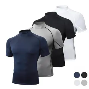 High neck tight fitting quick drying clothes for men's summer stretch T-shirt, running and fitness training clothes, sweat inducing sports compression short sleeves