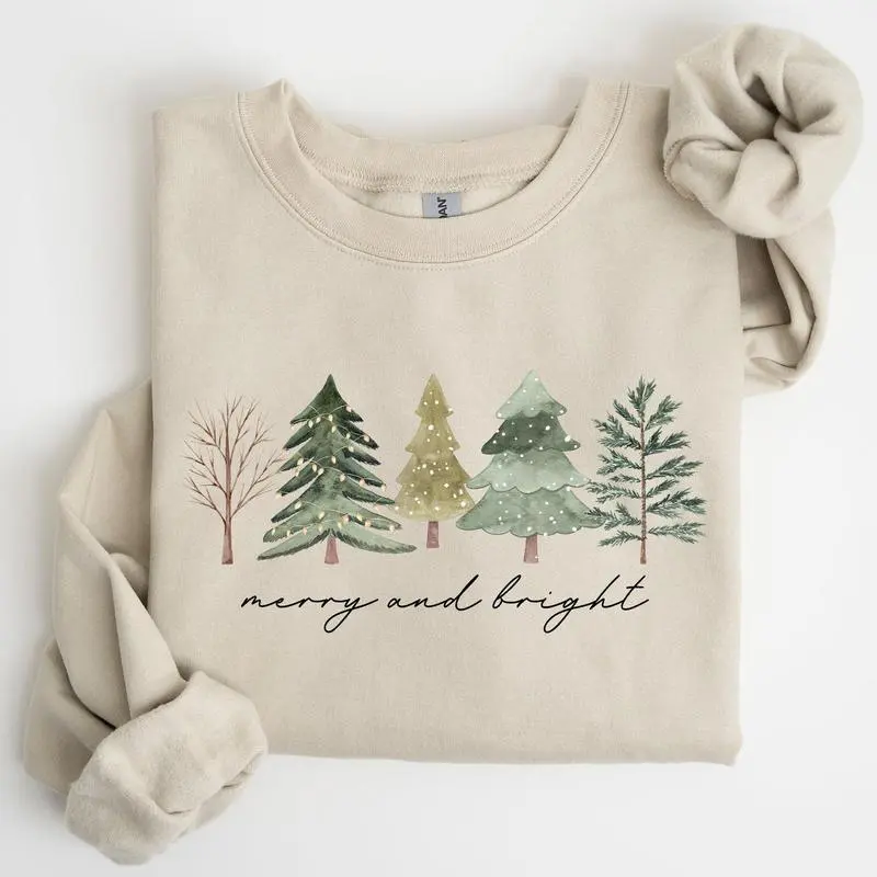 Merry and Bright, Christmas Trees, Minimalist, Winter, Snow, Xmas Sweatshirt, Women's Crew Neck, Crewneck Merry and Bright, Christmas Trees, Minimalist, Winter, Snow, Xmas Sweatshirt, Women's Crew Neck, Crewneck