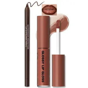 Nourishing Lip Gloss with Brown Lip Liner Lip Combo Set, Moisturizing High Shine Nude Lip Glow Oil Fresh Lightweight Glossy Plumping Lip Gloss for Women