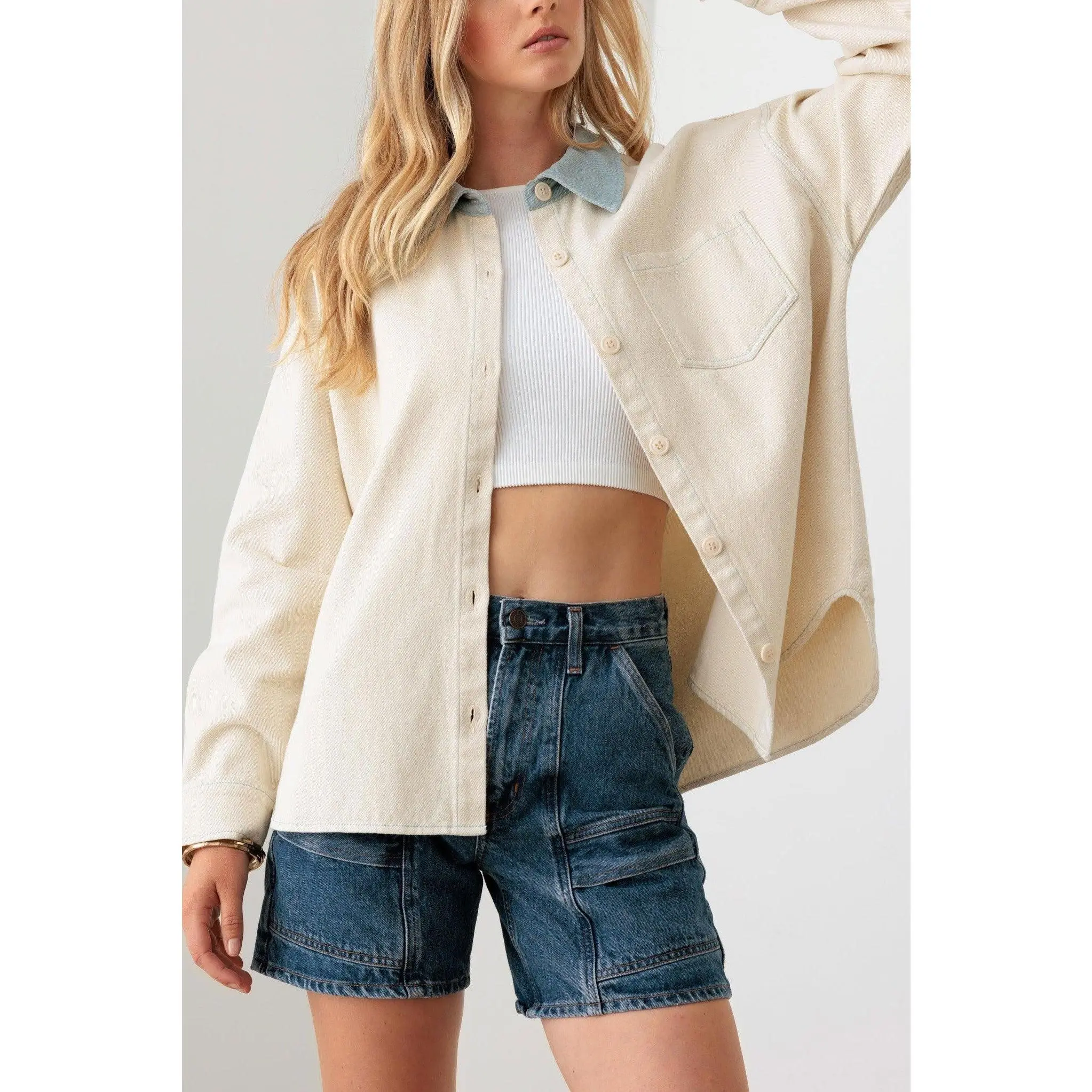 Cream Contrast Collar Cotton Pocket Oversized Shacket