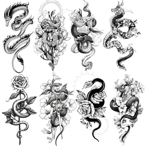 8 Sheets Waterproof Arm Leg Fake Body Art Temporary Tattoo Dragon Snake Cross Rose Flower