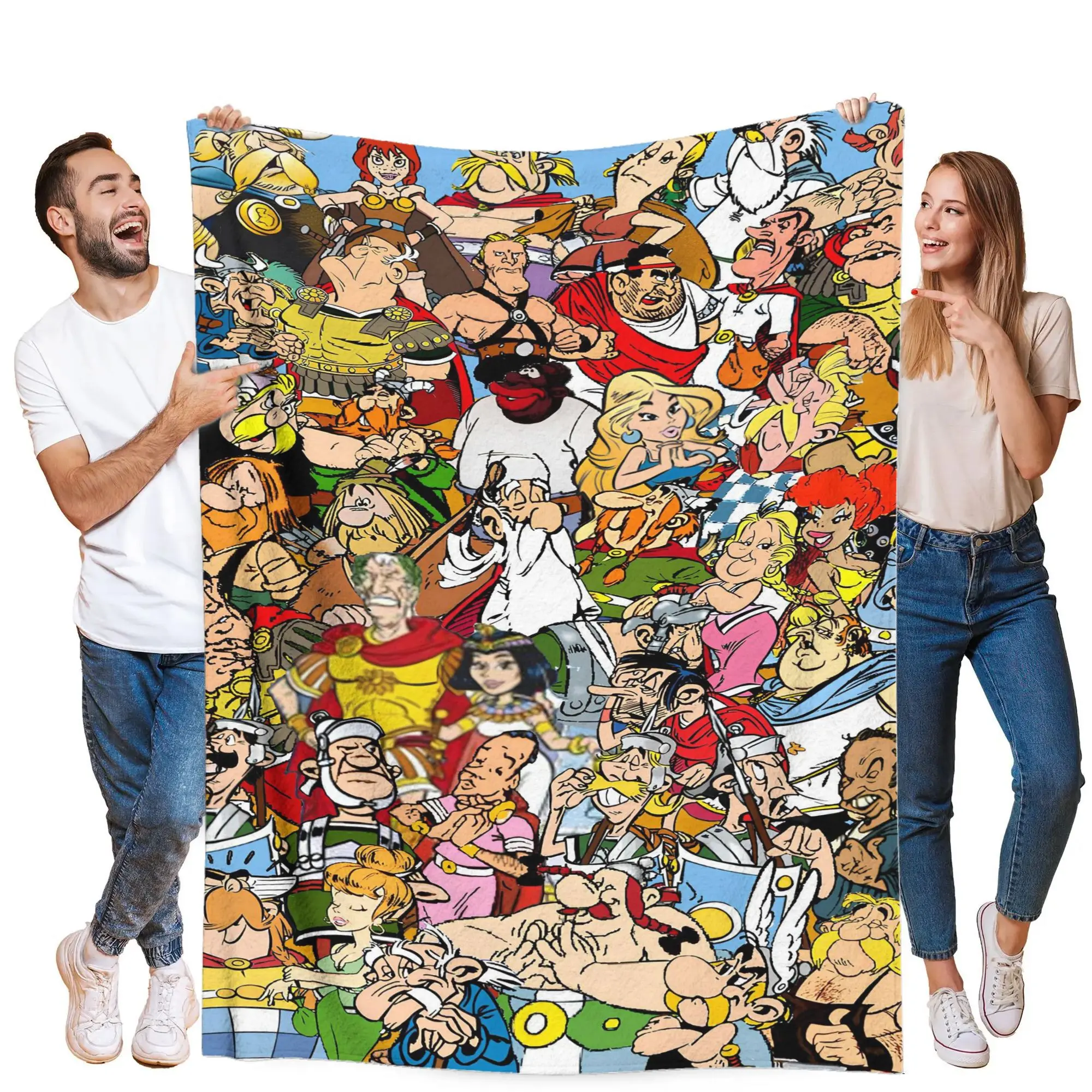 Asterix Comic Microfibre Blanket - Classic Asterix and O'Belix Cartoon-Themed, Single-Side Print, Super Soft, Breathable, Durable, Stain Resistant, Machine Washable, All-Season, Suitable for Home/Camping, 80x60in
