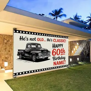 1pc Checkered Birthday Banner - Black White Vintage Car Design 90.5x70.8 Inch Polyester for Cake Table Party Decor Wedding