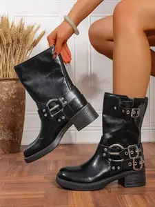 Women's Vintage British Style Fashion Boots, Zip Side Punk Retro Street Knight Boots, Casual High Heel Ankle Boots for Women