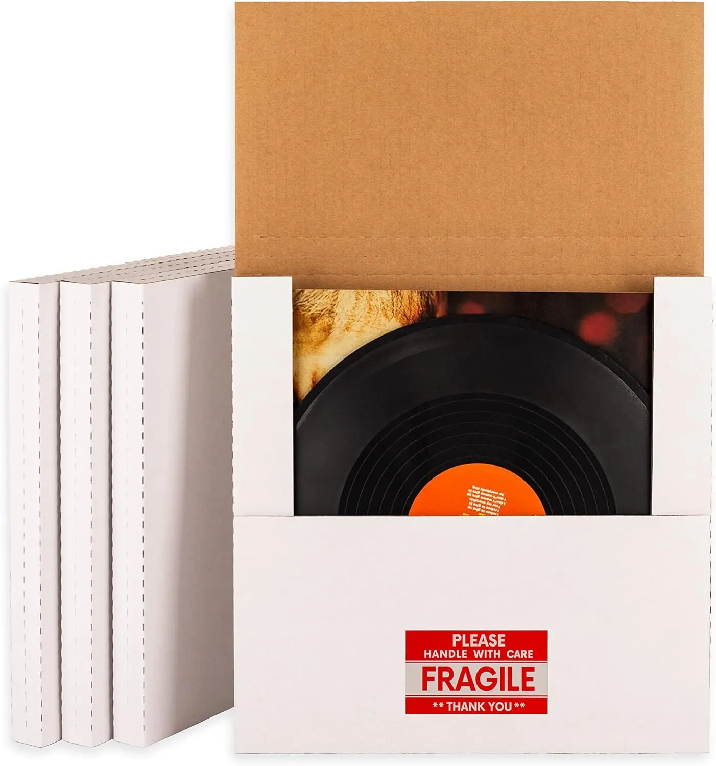 12" LP Album Mailers, 12.8x12.8x1 inch Vinyl Record Shipping Box | 15 Pack, Corrugated Cardboard Box for Mailing, Packing, Moving, Storage, w/Fragile Stickers, Multi-Depth, Easy-Fold, White