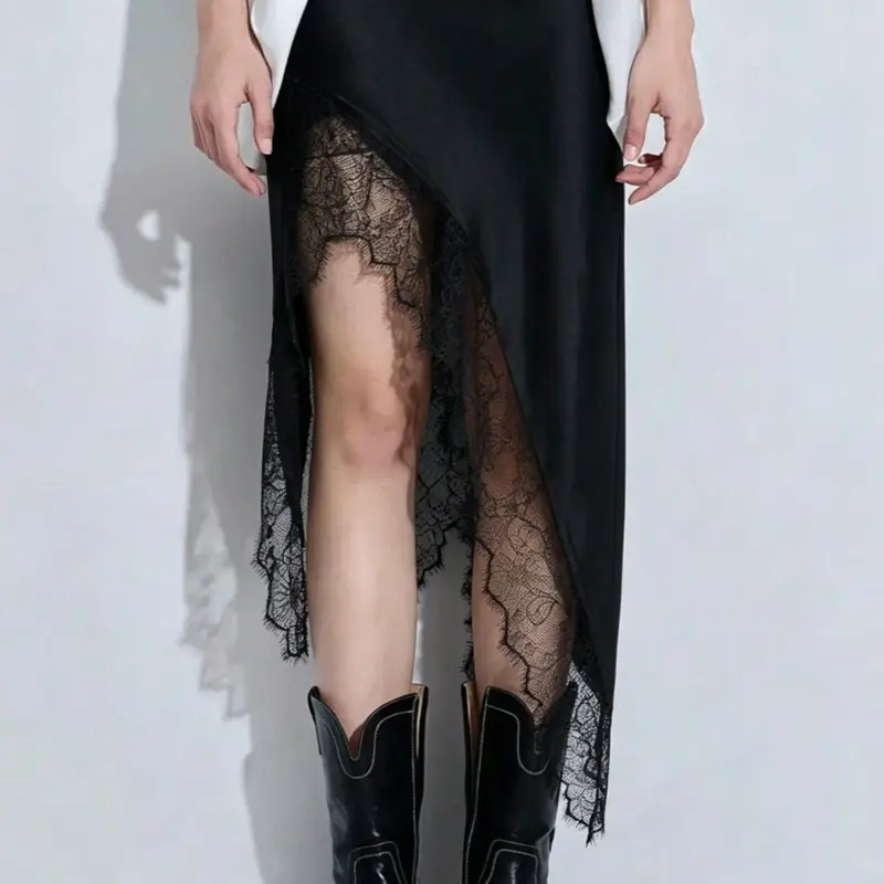 Indefeir New Summer Women's Dress, European Style Sweet Fashion Slim Fit Fitted, Lace Patchwork Asymmetrical Midi Slim Fitting Skirt, Versatile and Trendy, Womenswear