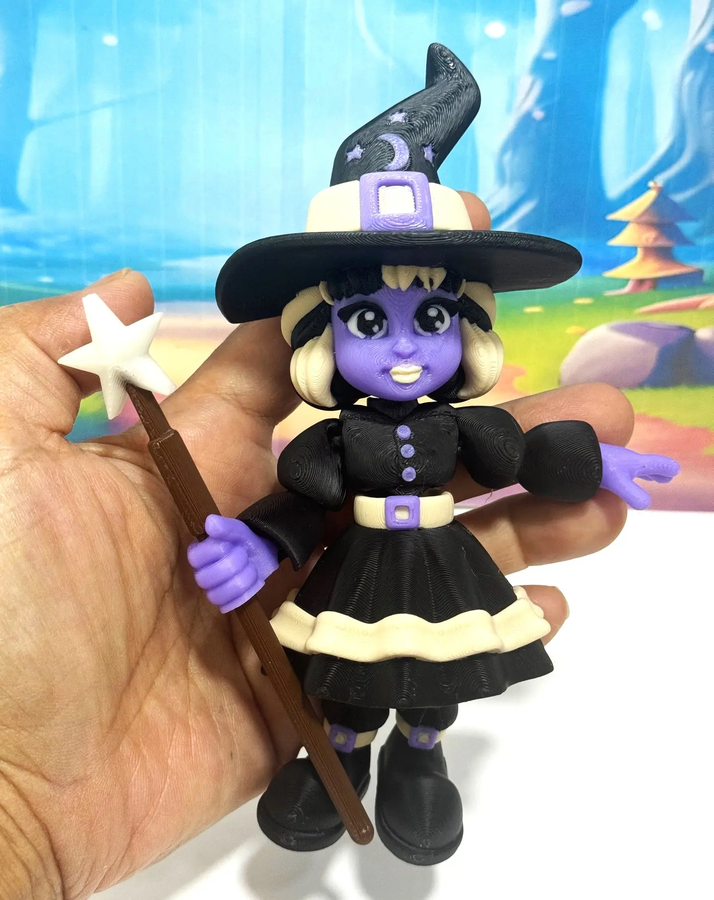 Articulated Girl Wizard 6in Poseable 3D Printed Collectible with Glow-in-the-Dark Wand, Articulating Poseable Desk Decor, Halloween Fantasy Figurine, Stress Relief Toy, Plastic 3D Print