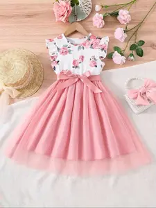 Girls Sleeveless Floral Print Dress, Perfect Spring & Fall Gift, Mesh Skirt, Bow Waist Cinch Princess Dress, Summer Essential