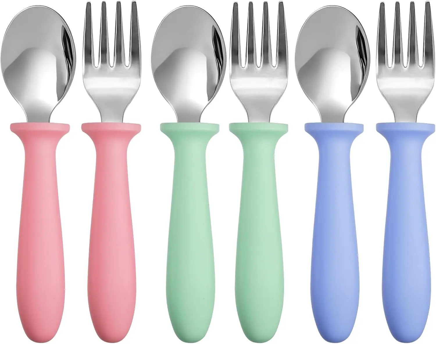6 Pieces Toddler Utensils Forks and Spoons,Kids Silverware Set with Plastic Handle Stainless Steel Toddler Silverware,Dishwasher Safe