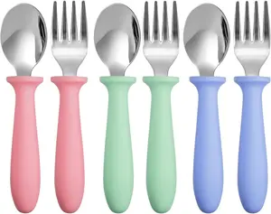 6 Pieces Toddler Utensils Forks and Spoons,Kids Silverware Set with Plastic Handle Stainless Steel Toddler Silverware,Dishwasher Safe