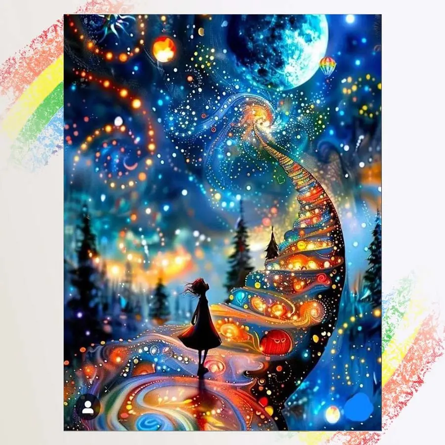 1pcs 5D DIY diamond painting kit, 5D diamond art set, DIY decoration, dreamy staircase, starry sky, girl diamond painting kit full round drill DIY, mosaic, diamond art, DIY art home decoration, Wall Art Painting, suitable for Halloween and Christmas.