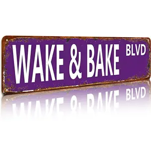 Wake & Bake Blvd Aluminum Metal Sign - Funny Vintage Weed Marijuana Wall Art Decor, 16x4 Inch Slim Street Sign for Home Bar Cafe Garage Indoor/Outdoor, Humorous Gift for Mother'S Day Father'S Day Graduation 4th of July, Vintage Aluminum Metal Sign