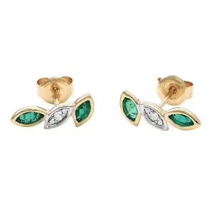 Marquise Emerald and Diamond Leaf Earrings in 14K Yellow Gold